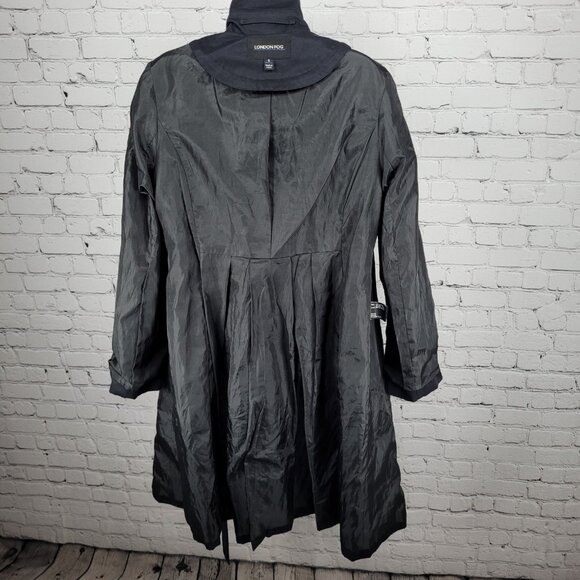 London Fog Black Double Breasted Buttoned Belted Pleated Long Trench Coat 6 - Picture 7 of 16